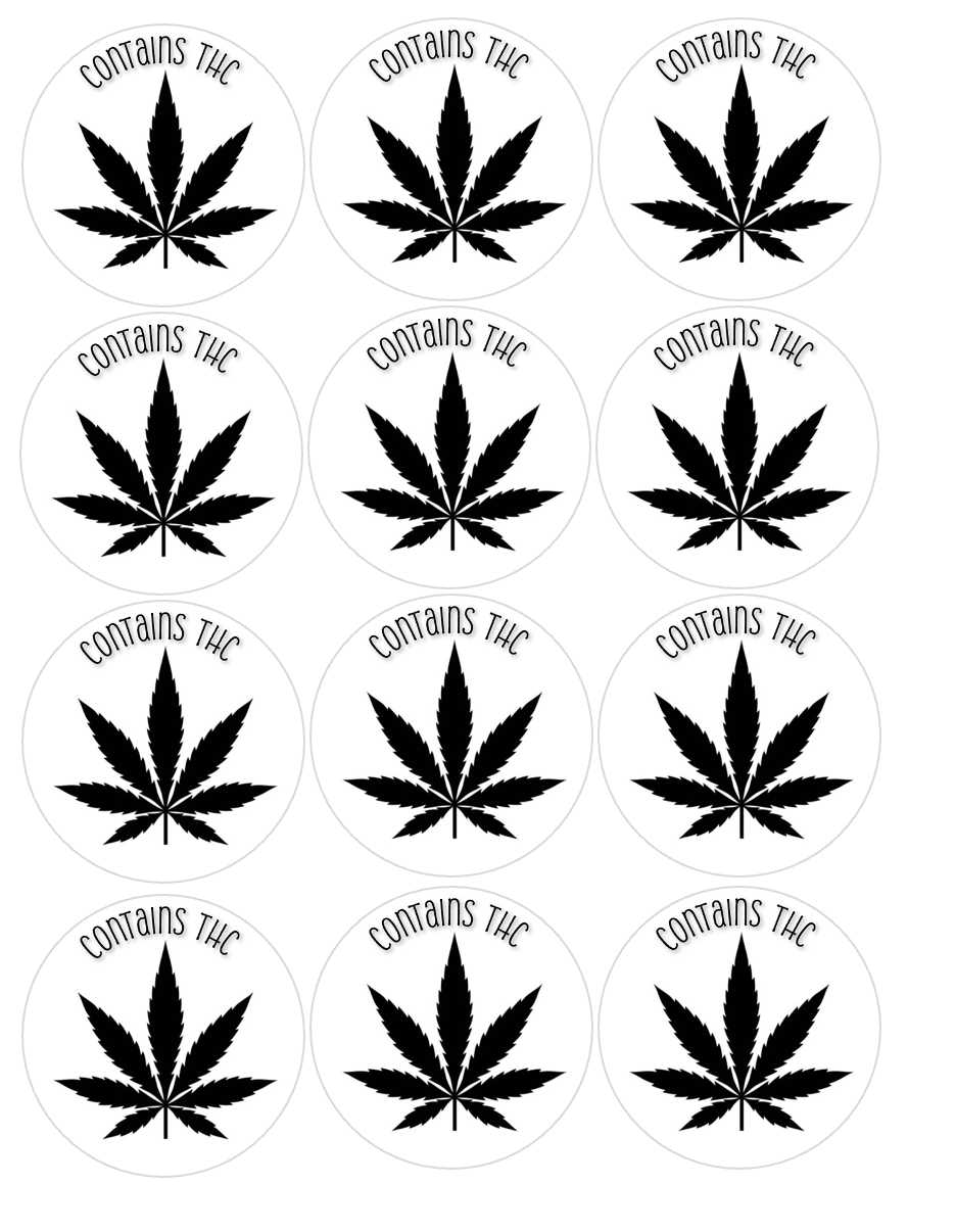 Set of 12 "Contains THC" label for edibles pre cut edible image discs for desserts, choose your size