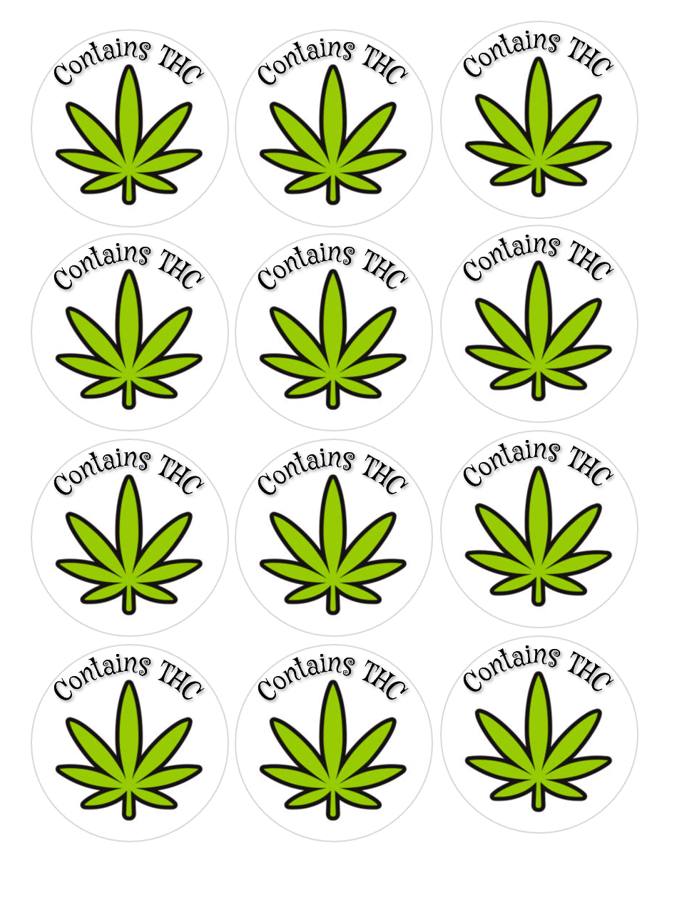 Set of 12 "Contains THC" label for edibles pre cut edible image discs for desserts, choose your size