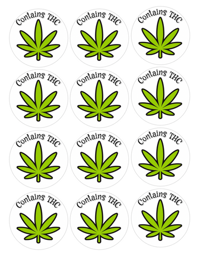 Set of 12 "Contains THC" label for edibles pre cut edible image discs for desserts, choose your size
