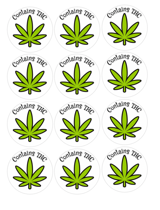 Set of 12 "Contains THC" label for edibles pre cut edible image discs for desserts, choose your size