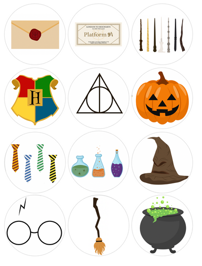 Set of 12 Kids Harry Potter, Halloween, pre cut edible image discs for desserts, choose your size
