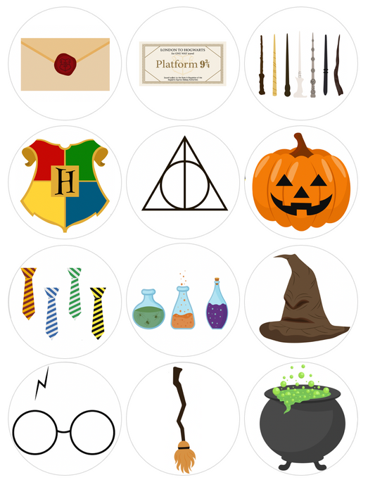 Set of 12 Kids Harry Potter, Halloween, pre cut edible image discs for desserts, choose your size