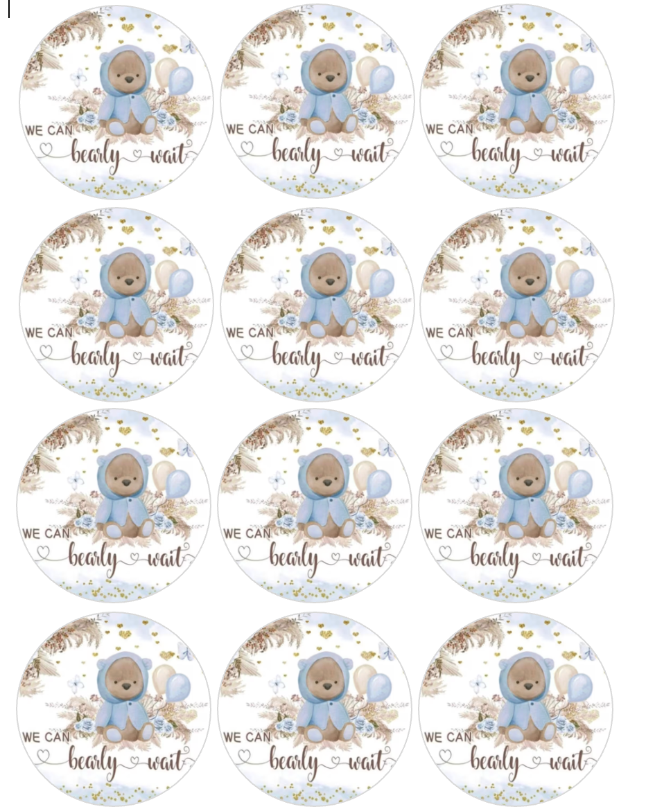 Set of 12 "We can Bearly Wait, Baby Shower" pre cut edible image discs for desserts, choose your size