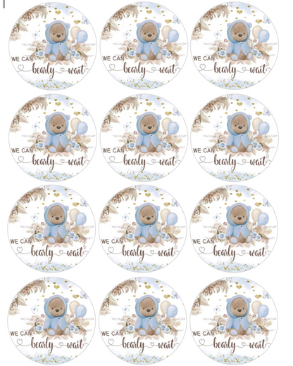 Set of 12 "We can Bearly Wait, Baby Shower" pre cut edible image discs for desserts, choose your size