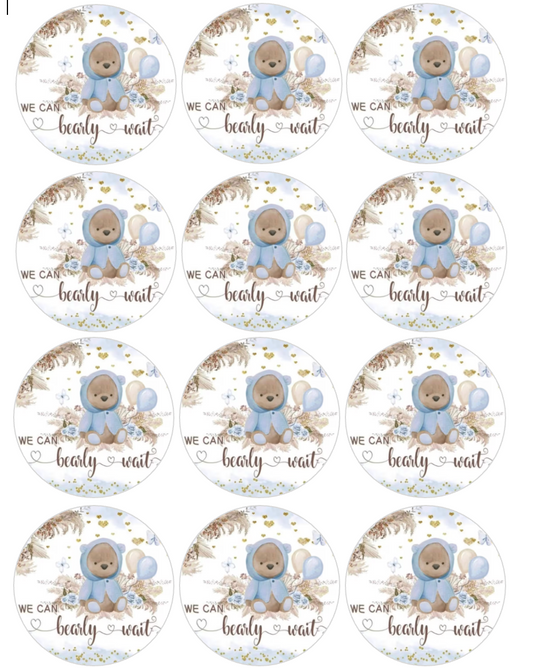 Set of 12 "We can Bearly Wait, Baby Shower" pre cut edible image discs for desserts, choose your size