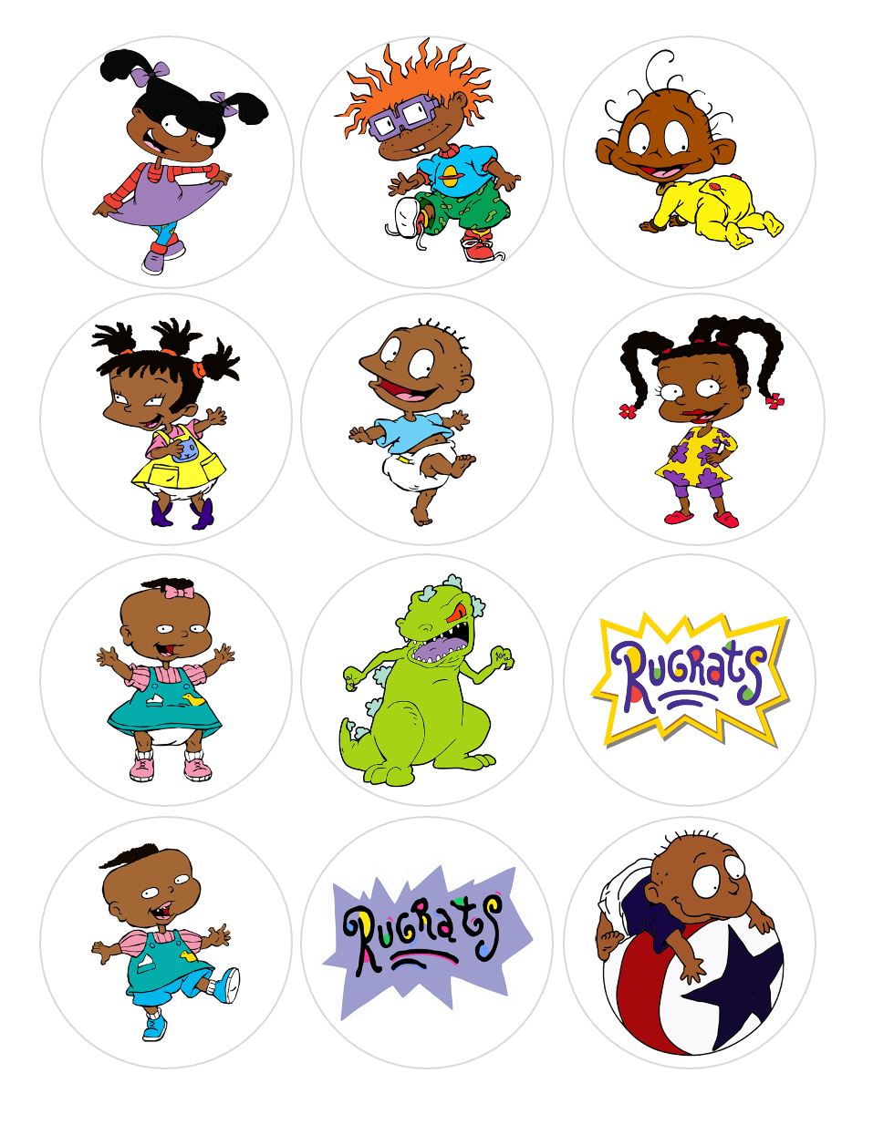 Set of 12 "Rugrats inspired, black characters" pre cut edible image discs for desserts, choose your size