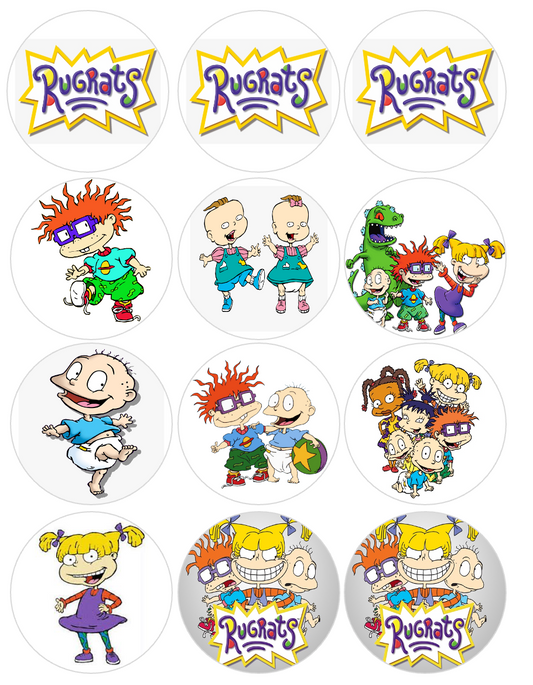 Set of 12 "Rugrats" pre cut edible image discs for desserts, choose your size