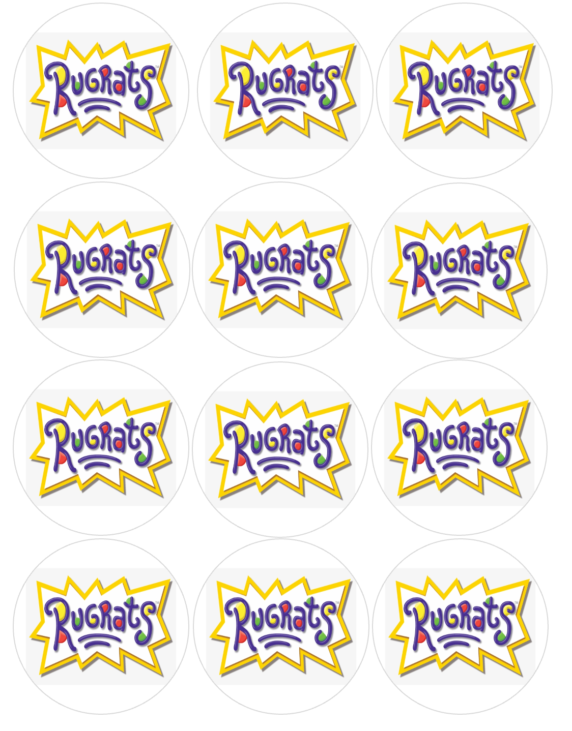 Set of 12 "Rugrats logo" pre cut edible image discs for desserts, choose your size