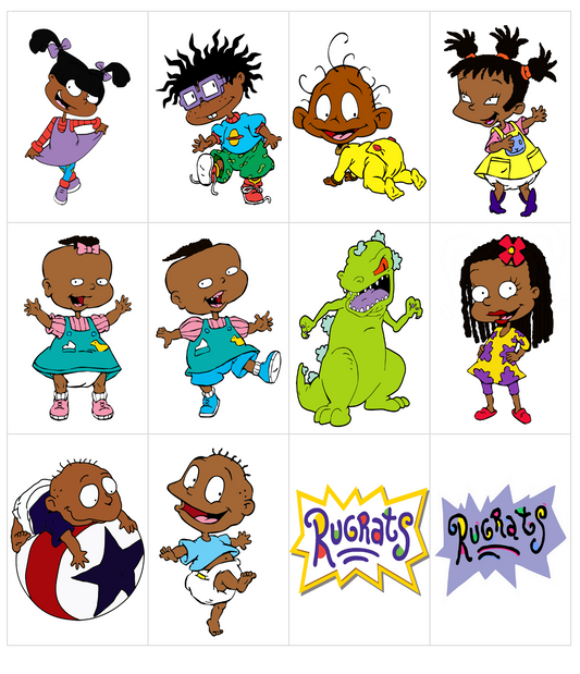 Set of 12 "Rugrats inspired- black characters" pre cut rectangle edible images for Rice Krispies, cookies, choose your size
