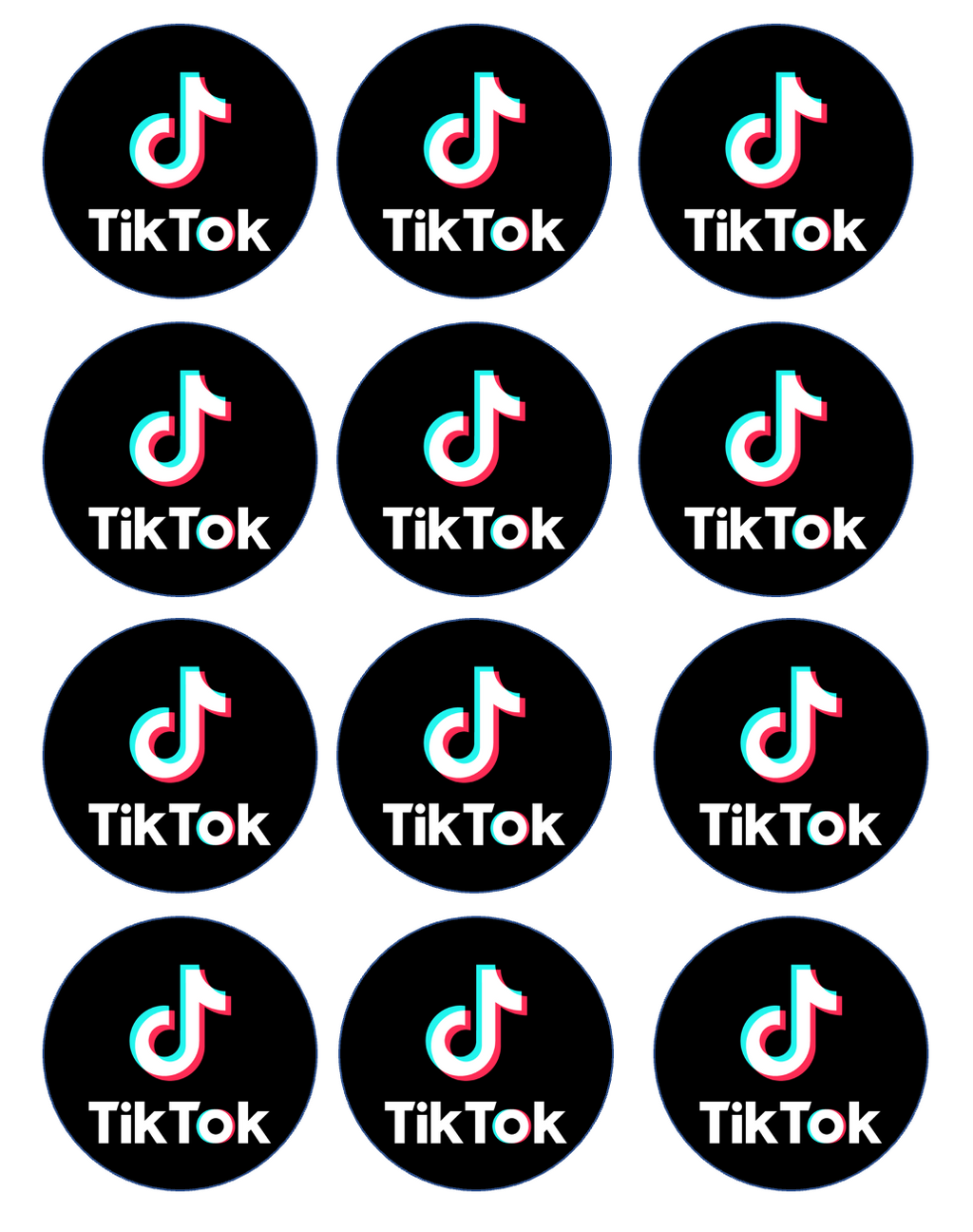 Set of 12 "Tik Tok" pre cut edible image discs for desserts, choose your size