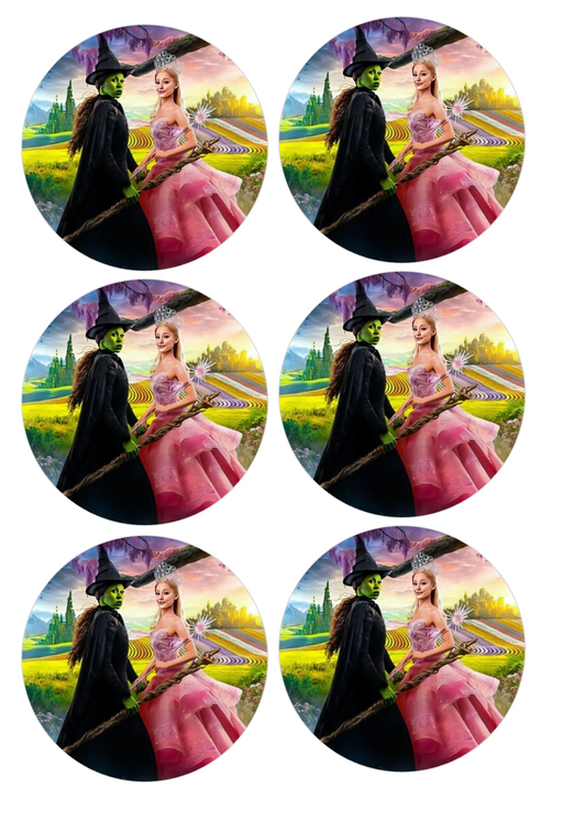 Set of 12 "Wicked, Wizard of Oz" pre cut edible image discs for desserts, choose your size