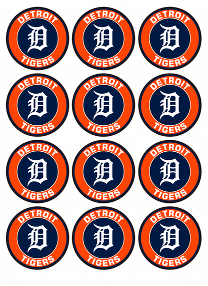 Set of 12 "Detroit Tigers" pre cut edible image discs for desserts, choose your size