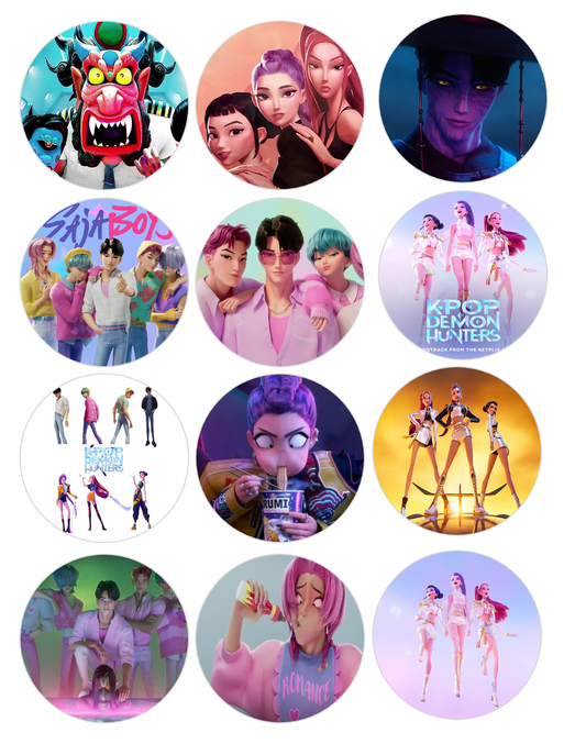 Set of 12 "K pop Demon Slayer" pre cut edible image discs for desserts, choose your size