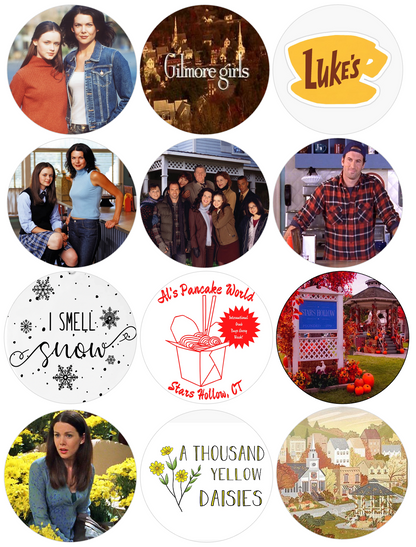 Set of 12 "Gilmore Girls" pre cut edible image discs for desserts, choose your size