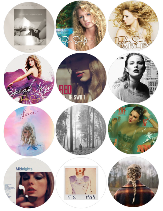 Set of 12 "Taylor Swift Albums" pre cut edible image discs for desserts, choose your size