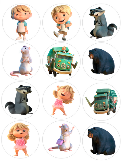 Set of 12 "Trash Truck" pre cut edible image discs for desserts, choose your size