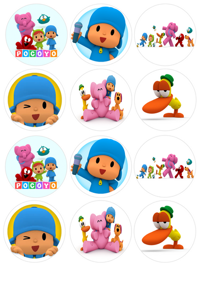 Set of 12 "Pocoyo" pre cut edible image discs for desserts, choose your size