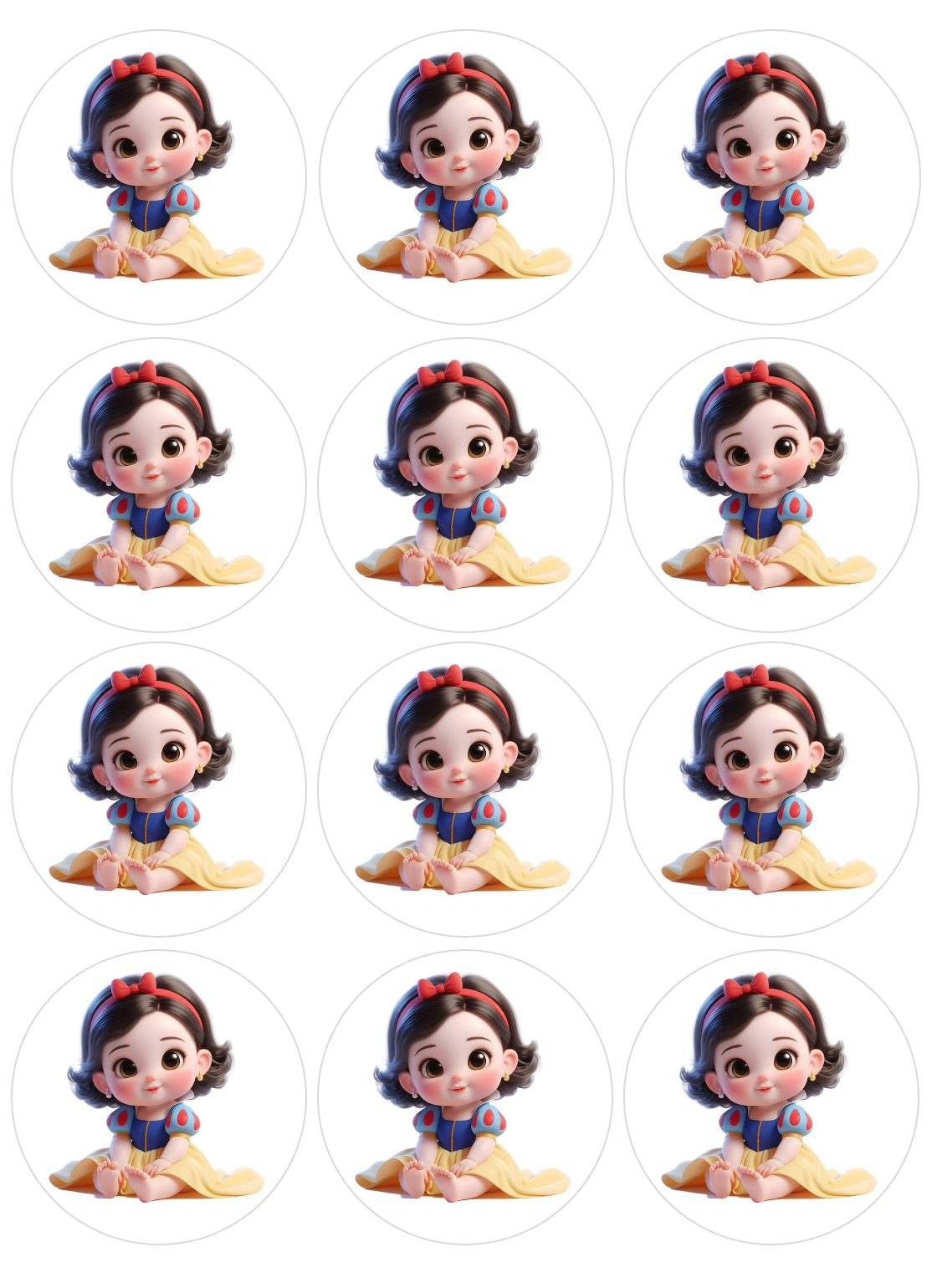 Set of 12 "Baby Snow White" pre cut edible image discs for desserts, choose your size