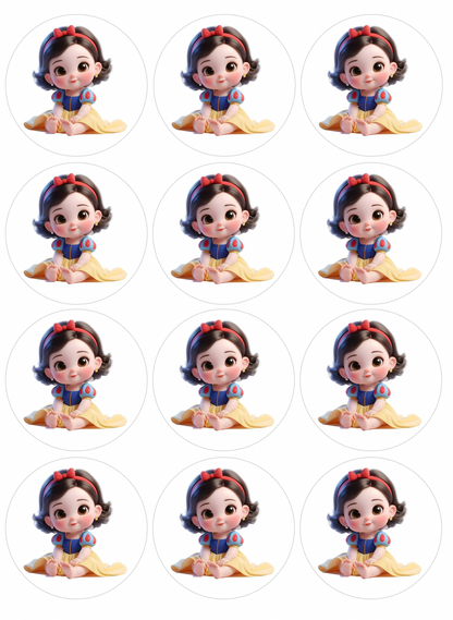 Set of 12 "Baby Snow White" pre cut edible image discs for desserts, choose your size