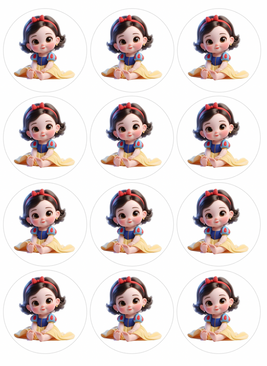 Set of 12 "Baby Snow White" pre cut edible image discs for desserts, choose your size