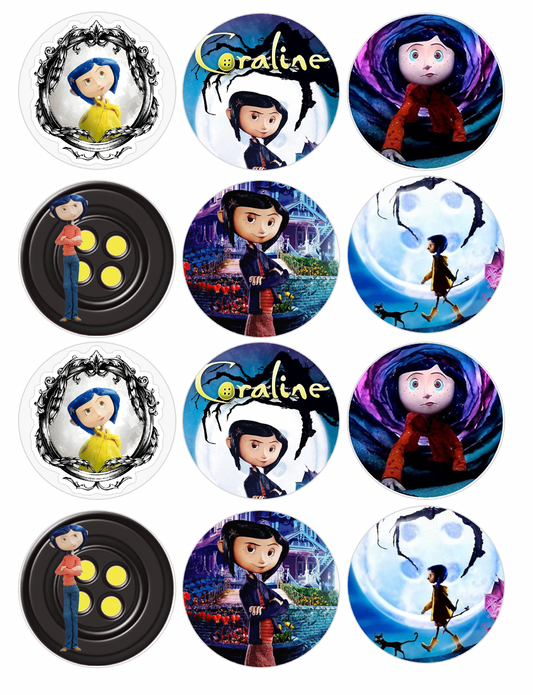 Set of 12 "Coraline" pre cut edible image discs for desserts, choose your size