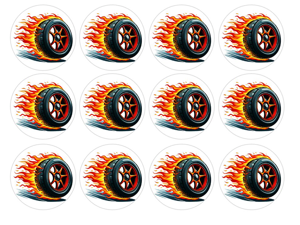 Set of 12 "Hot Wheels" pre cut edible image discs for desserts, choose your size