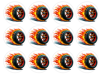Set of 12 "Hot Wheels" pre cut edible image discs for desserts, choose your size