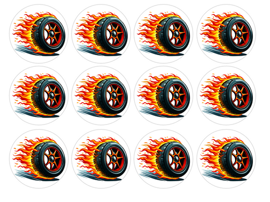 Set of 12 "Hot Wheels" pre cut edible image discs for desserts, choose your size
