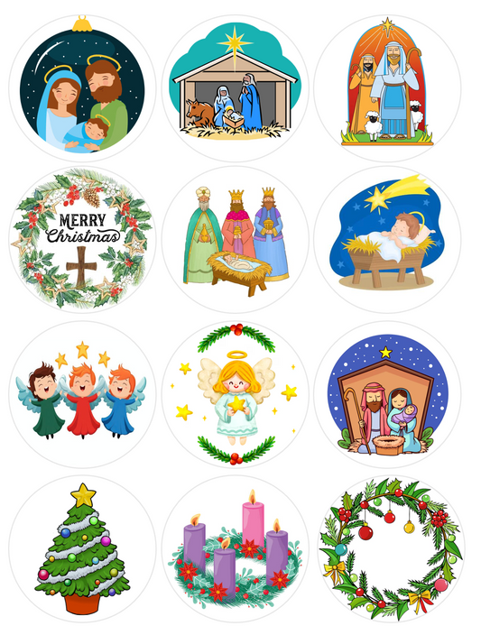 Set of 12 "Christmas" pre cut edible image discs for desserts, choose your size