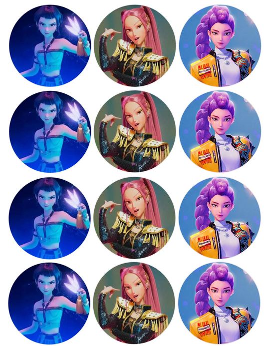 Set of 12 "K pop Demon Slayer" pre cut edible image discs for desserts, choose your size