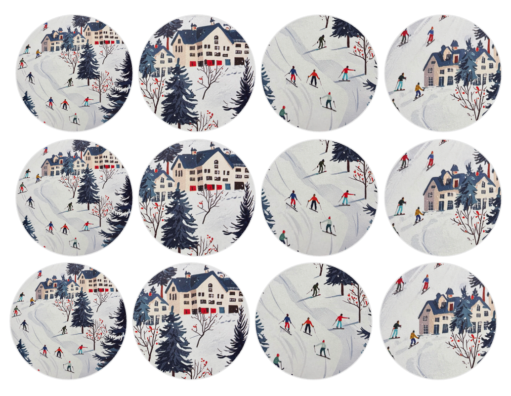 Set of 12 "Winter Ski Scene" pre cut edible image discs for desserts, choose your size