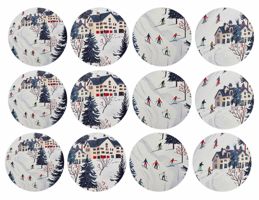 Set of 12 "Winter Ski Scene" pre cut edible image discs for desserts, choose your size
