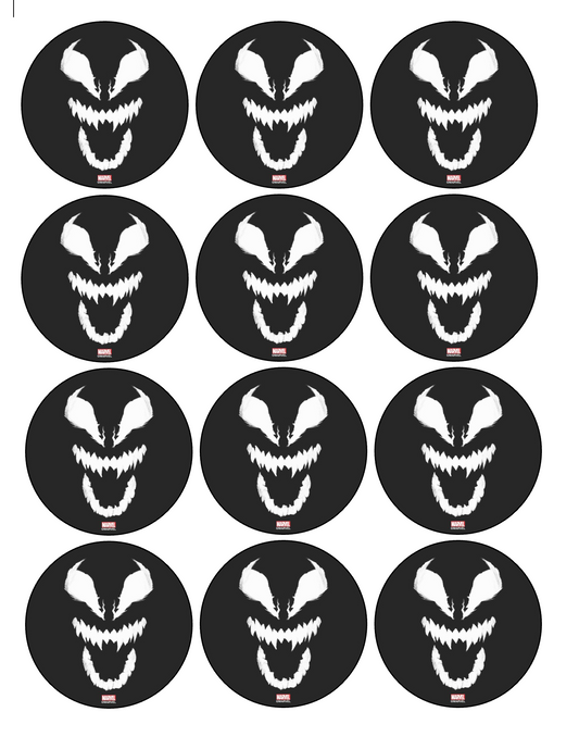 Set of 12 "Venom, Spiderman " pre cut edible image discs for desserts, choose your size