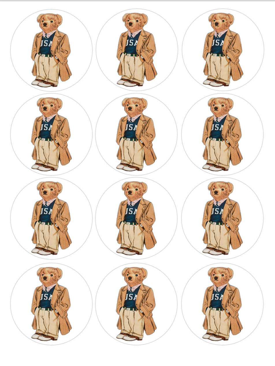 Set of 12 "Polo Bear" pre cut edible image discs for desserts, choose your size