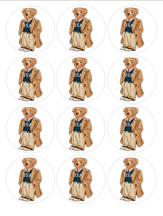 Set of 12 "Polo Bear" pre cut edible image discs for desserts, choose your size