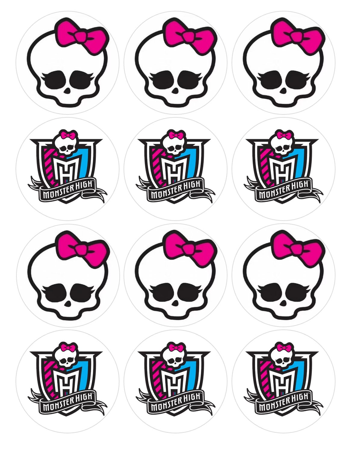 Set of 12 "Monster High" pre cut edible image discs for desserts, choose your size