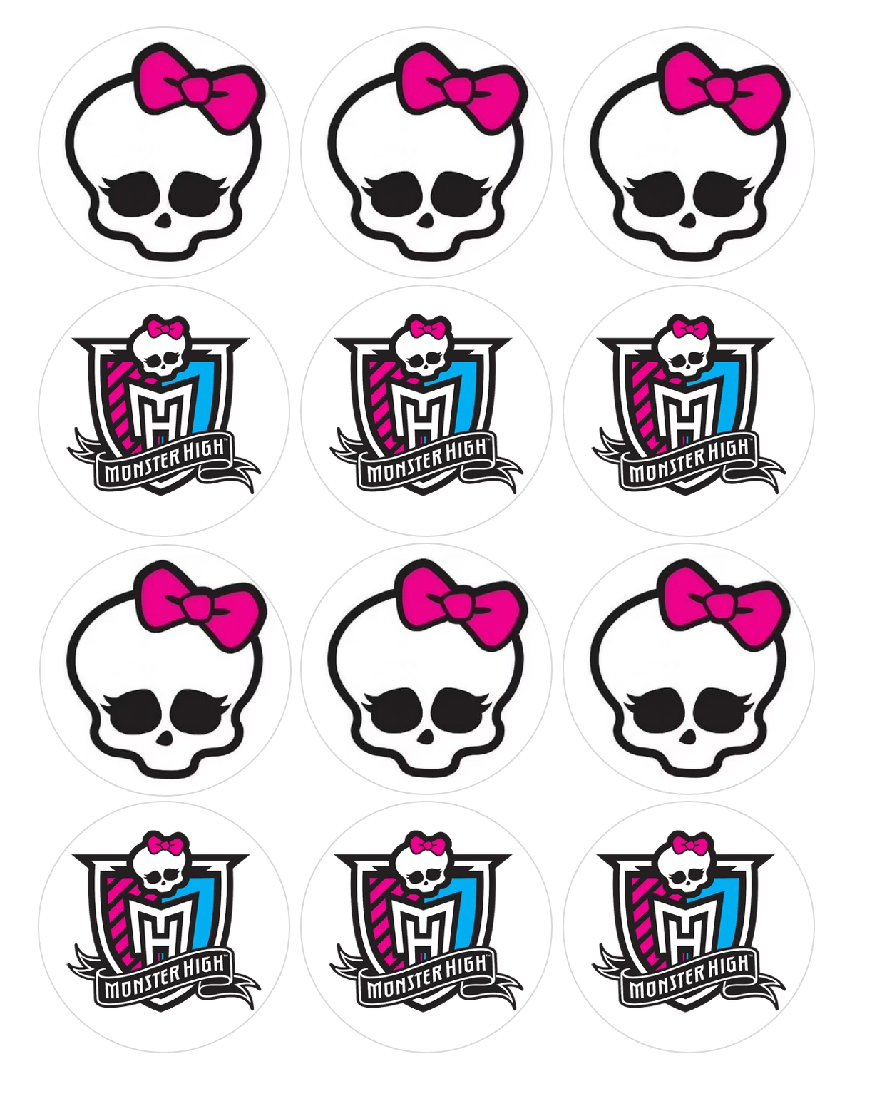 Set of 12 "Monster High" pre cut edible image discs for desserts, choose your size