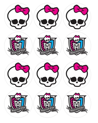 Set of 12 "Monster High" pre cut edible image discs for desserts, choose your size