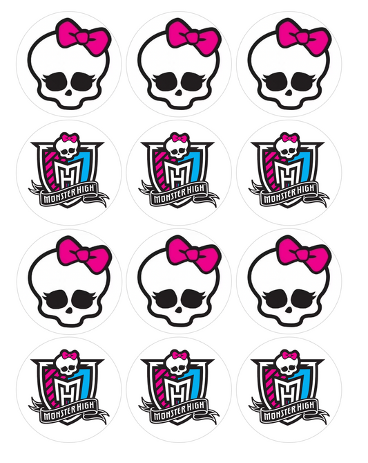 Set of 12 "Monster High" pre cut edible image discs for desserts, choose your size