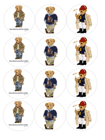 Set of 12 "Polo Bear" pre cut edible image discs for desserts, choose your size
