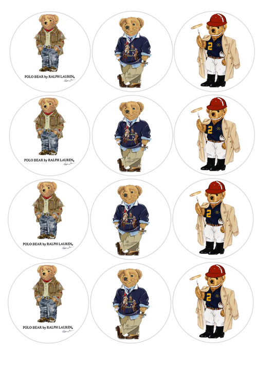 Set of 12 "Polo Bear" pre cut edible image discs for desserts, choose your size