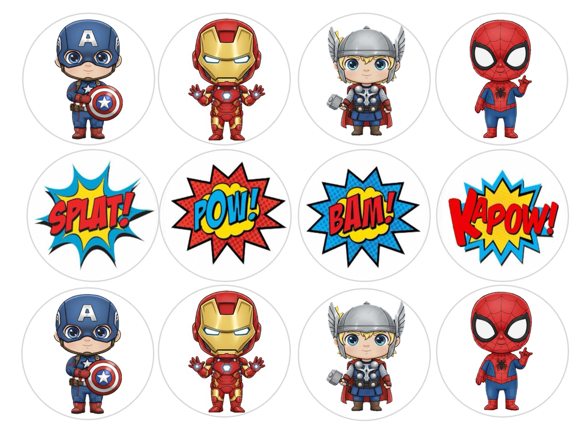 Set of 12 "Super Heroes, Thor, Spiderman, Iron Man, Captain America " pre cut edible image discs for desserts, choose your size