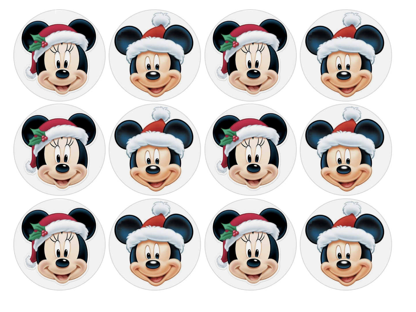 Set of 12 "Christmas Santa Minnie Mickey Mouse" pre cut edible image discs for desserts, choose your size