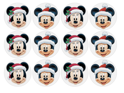 Set of 12 "Christmas Santa Minnie Mickey Mouse" pre cut edible image discs for desserts, choose your size