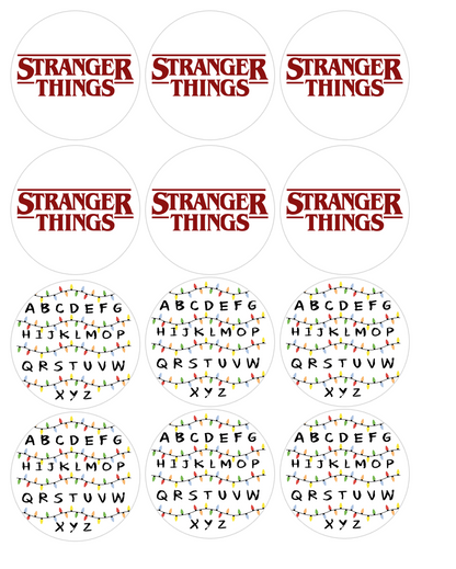 Set of 12 "Stranger Things" pre cut edible image rounds for desserts, choose your size