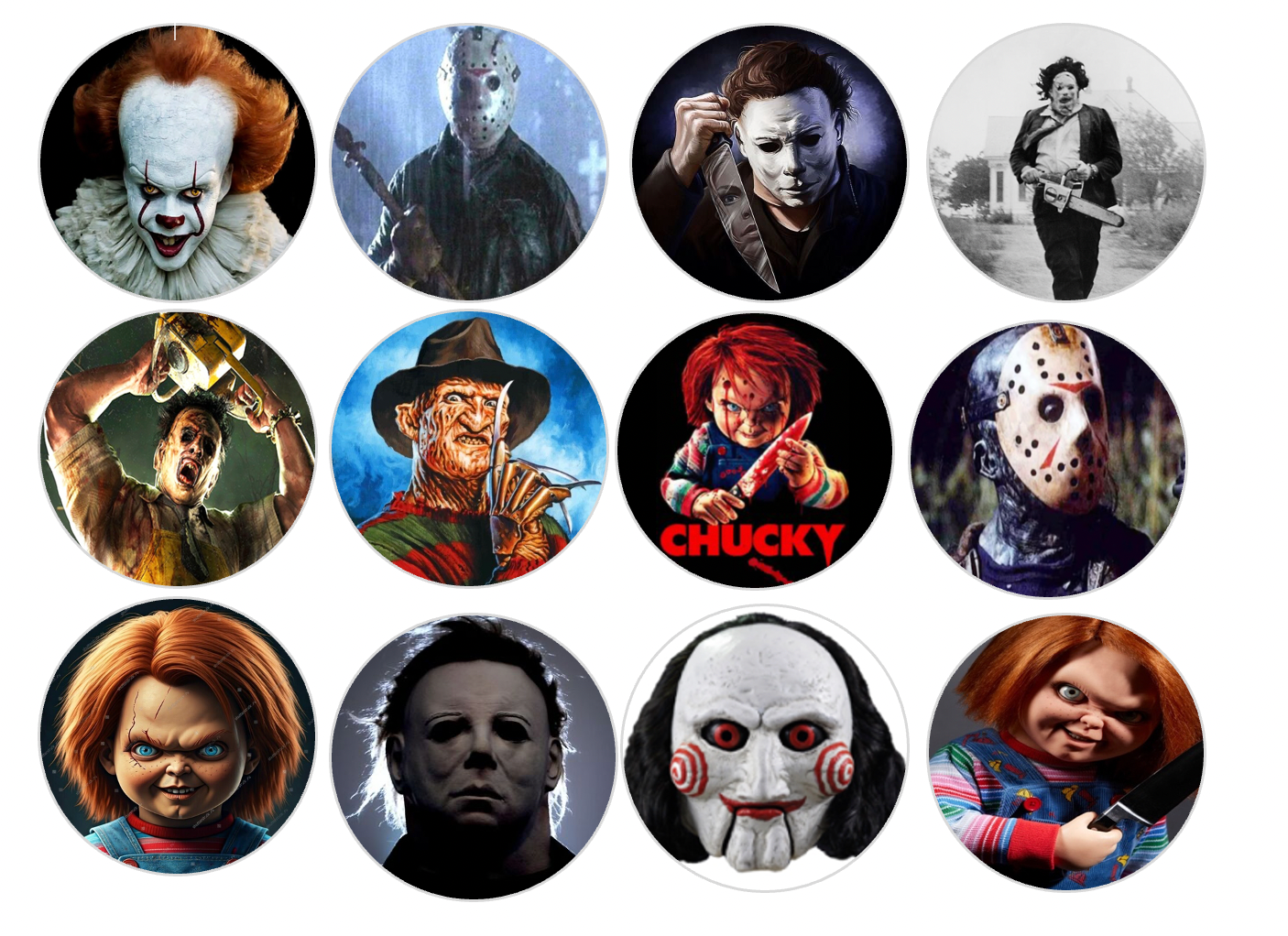Set of 12 "Horror Movie" pre cut edible image discs for desserts, choose your size