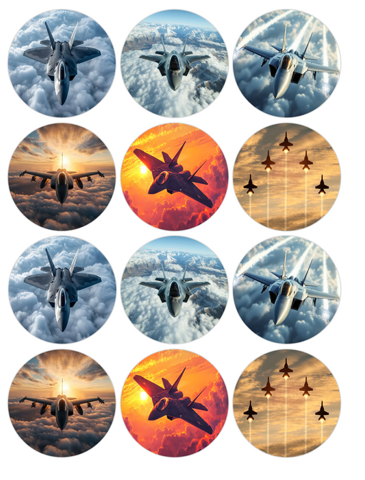 Set of 12 "Fighter Jet" pre cut edible image discs for desserts, choose your size