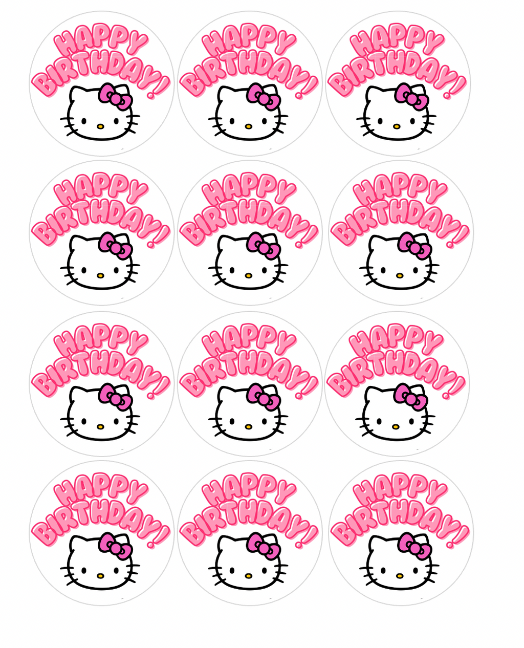 Set of 12 "Hello Kitty Happy Birthday" pre cut edible image discs for desserts, choose your size