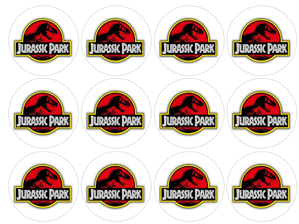 Set of 12 "Jurassic Park" pre cut edible image discs for desserts, choose your size