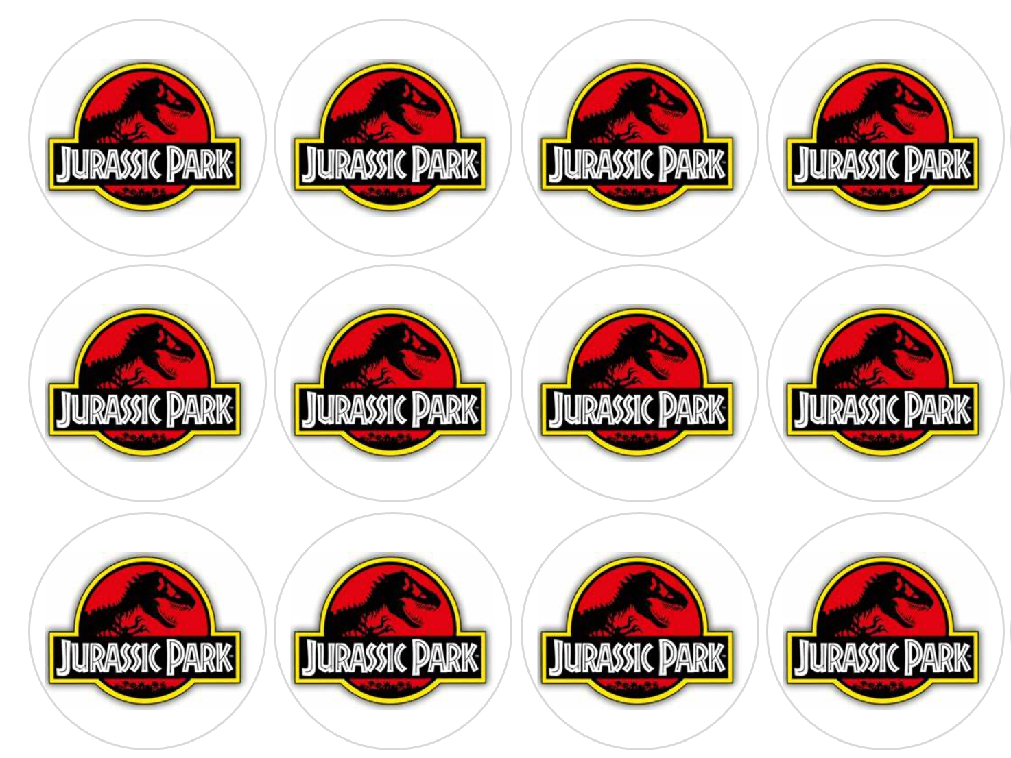 Set of 12 "Jurassic Park" pre cut edible image discs for desserts, choose your size